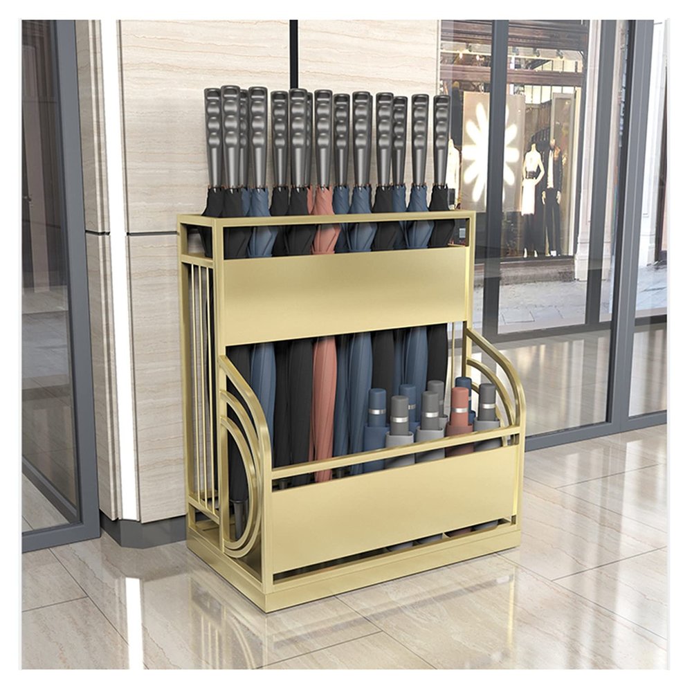 Umbrella Stand Rack Business Umbrella Stand, Metal Umbrella Holder, Large-Capacity Umbrella Bucket for Storing 35 Long and Short Umbrellas, with Drain Hole, 48x27x58cm (Color : Gold)