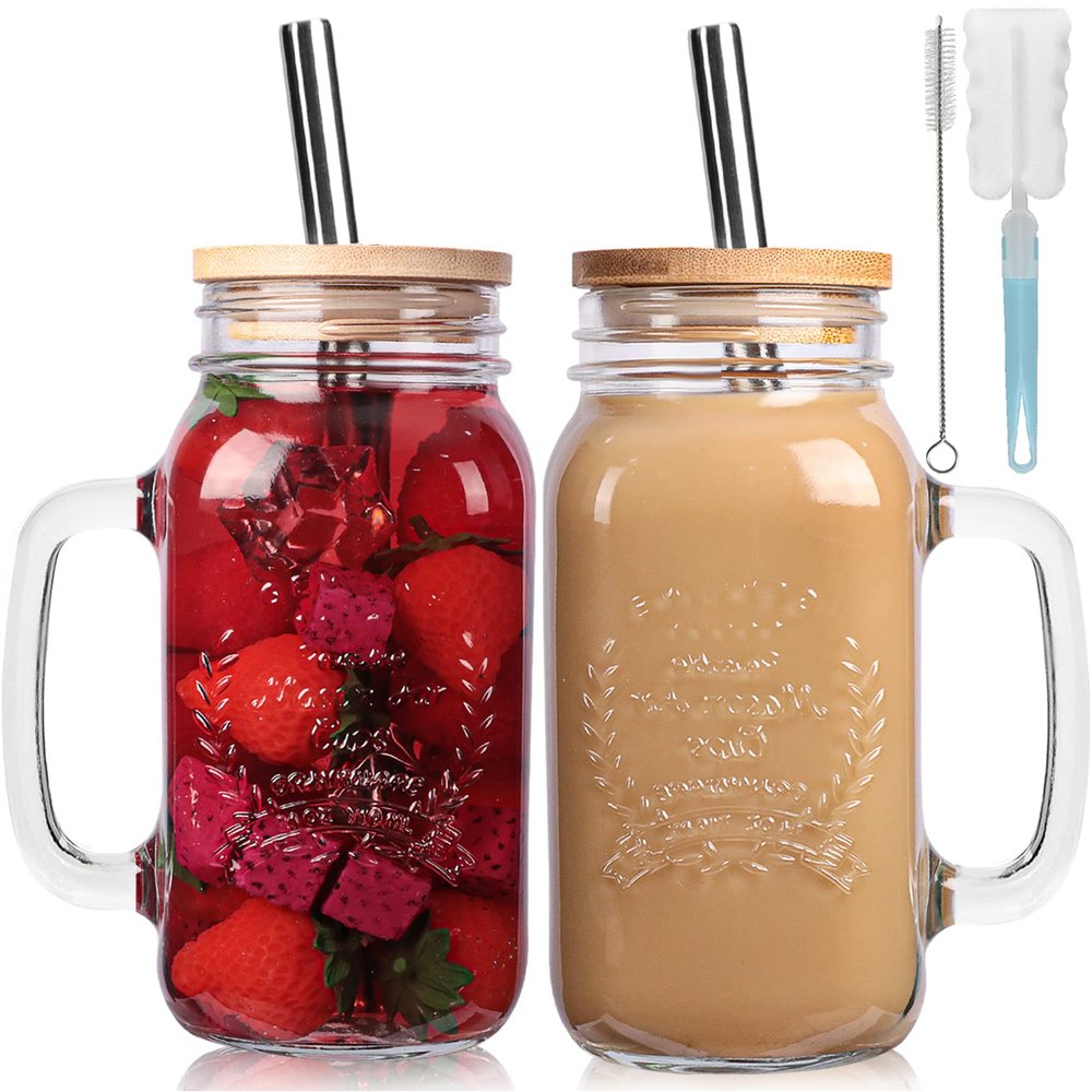 2 Pack 24Oz Mason jar cups with lids and straws, Mason Jars with Handle, Mason Jar Drinking Glasses with Lid and Straw, Mason Jar Mugs