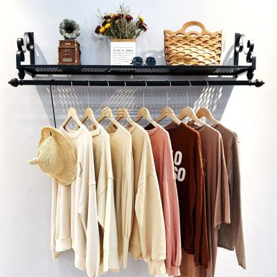 Industrial Pipe Clothing Rack, Wall Mounted with Shelf, Heavy Duty Iron Clothes Hanging Rod, Multi-Purpose Hanging Rod for Closet Storage Save Space (Color : Black, Size : 100cm)