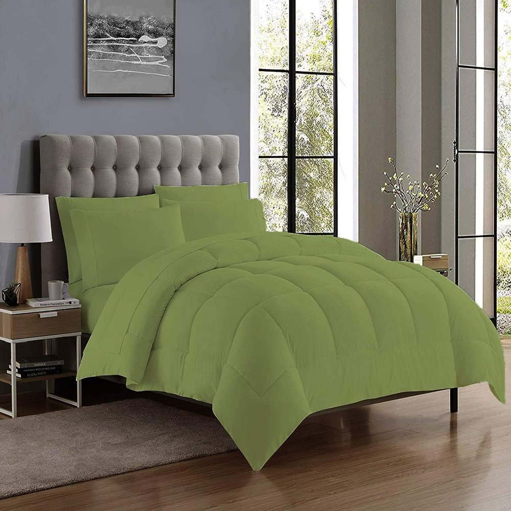 7 PC Combo Bed-in-A-Beg Set Includes-1 Box Stitched Comforter,1 Fitted 21" Deep Pocket,1 Flat,4 Pillowcases 100% Cotton 500 GSM Fill Classic Box Stitched Comforter Bed Set Twin/Twin XL-Moss