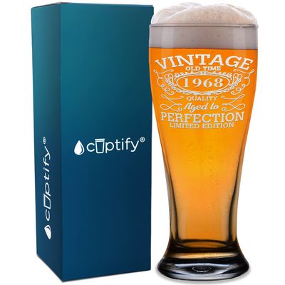 54th Birthday Vintage 54 Years Old Time 1968 Quality Etched 16 oz Pilsner Glass Present for Men and Women