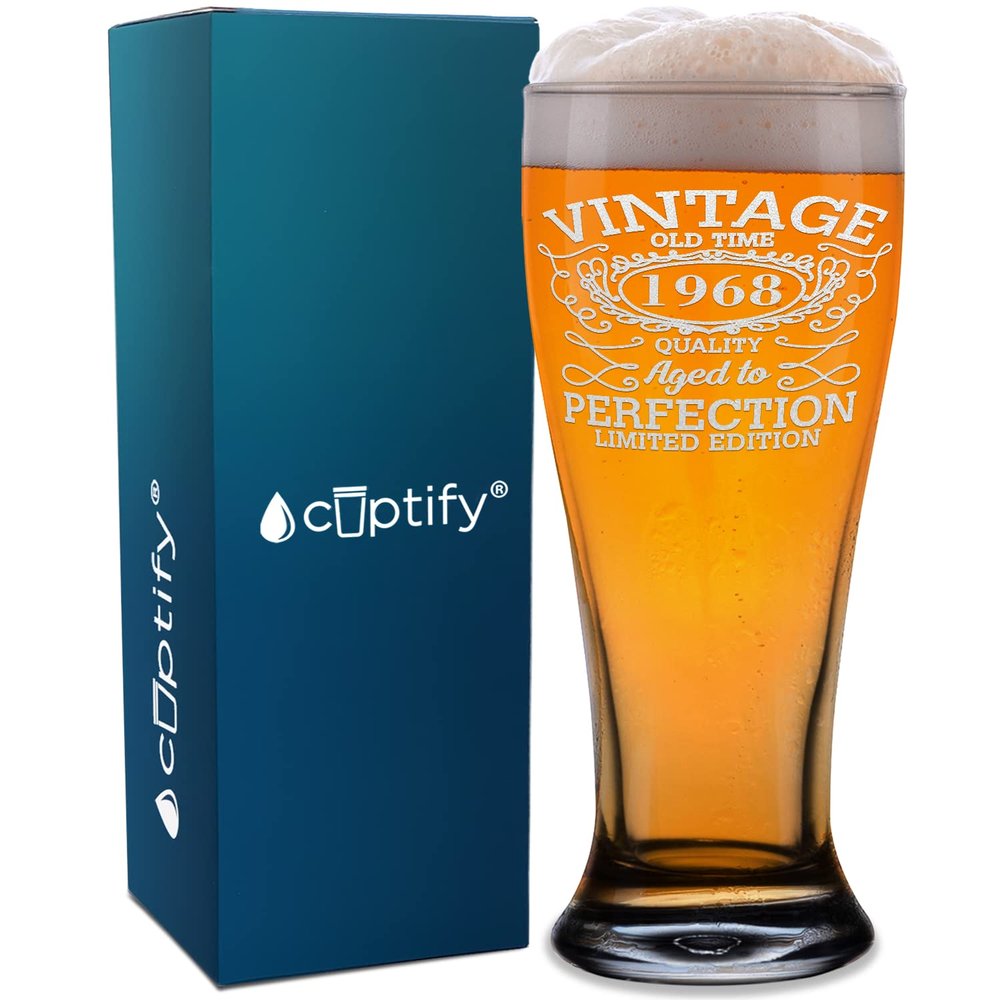54th Birthday Vintage 54 Years Old Time 1968 Quality Etched 16 oz Pilsner Glass Present for Men and Women