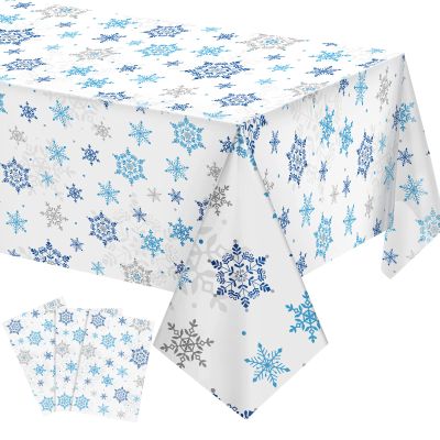Christmas Snowflake Tablecloth Winter Wonderland Table Clothes Plastic Blue and White Winter Holiday Snowflake Table Cover for Christmas Holiday Birthday Party Supplies, 54 x 108 Inch(3 Pieces)