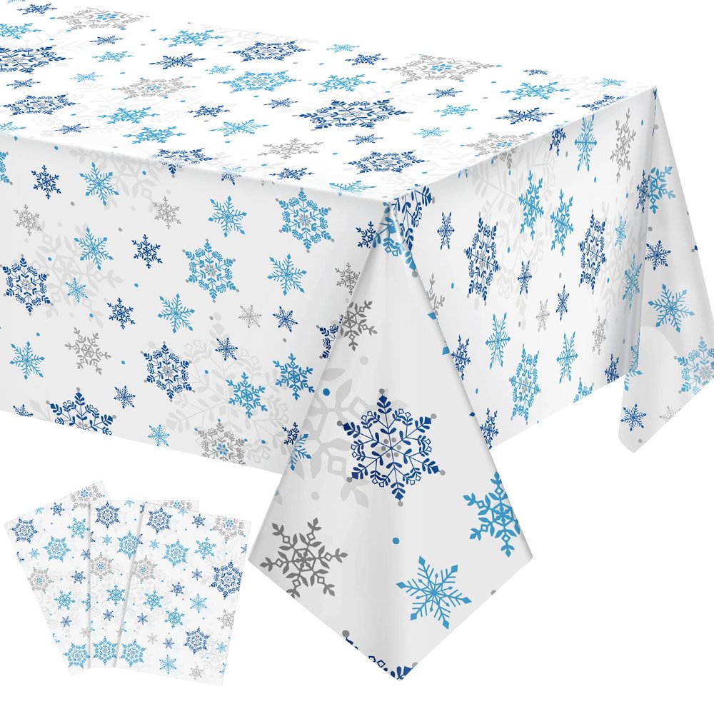 Christmas Snowflake Tablecloth Winter Wonderland Table Clothes Plastic Blue and White Winter Holiday Snowflake Table Cover for Christmas Holiday Birthday Party Supplies, 54 x 108 Inch(3 Pieces)