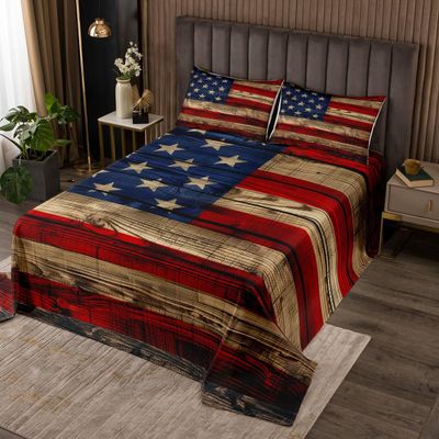 American Flag Bedspread King Size,Brown Wooden Board Country Retro Coverlet Set for Children Adult Xmas Present,Farmhouse Natural Style Bedding Set with 2 Pillowcaes, Soft Polyester Quilted