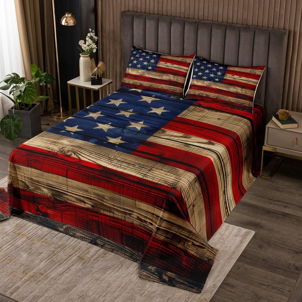 American Flag Bedspread King Size,Brown Wooden Board Country Retro Coverlet Set for Children Adult Xmas Present,Farmhouse Natural Style Bedding Set with 2 Pillowcaes, Soft Polyester Quilted