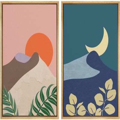 wall26 Framed Canvas Wall Art Print Set Geometric Desert Dune Sun & Crescent Moon Nature Shapes Illustrations Modern Art Tropical Scenic Colorful for Living Room, Bedroom, Office - 16"x24"x2 Natural