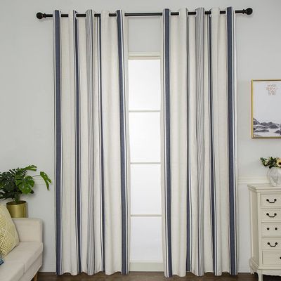 vctops Bohemian Cotton Linen Window Curtain Panel Striped Print Farmhouse Grommet Top Room Darkening Curtain Panel for Bedroom Living Room, 1 Piece (59"x63",Navy)