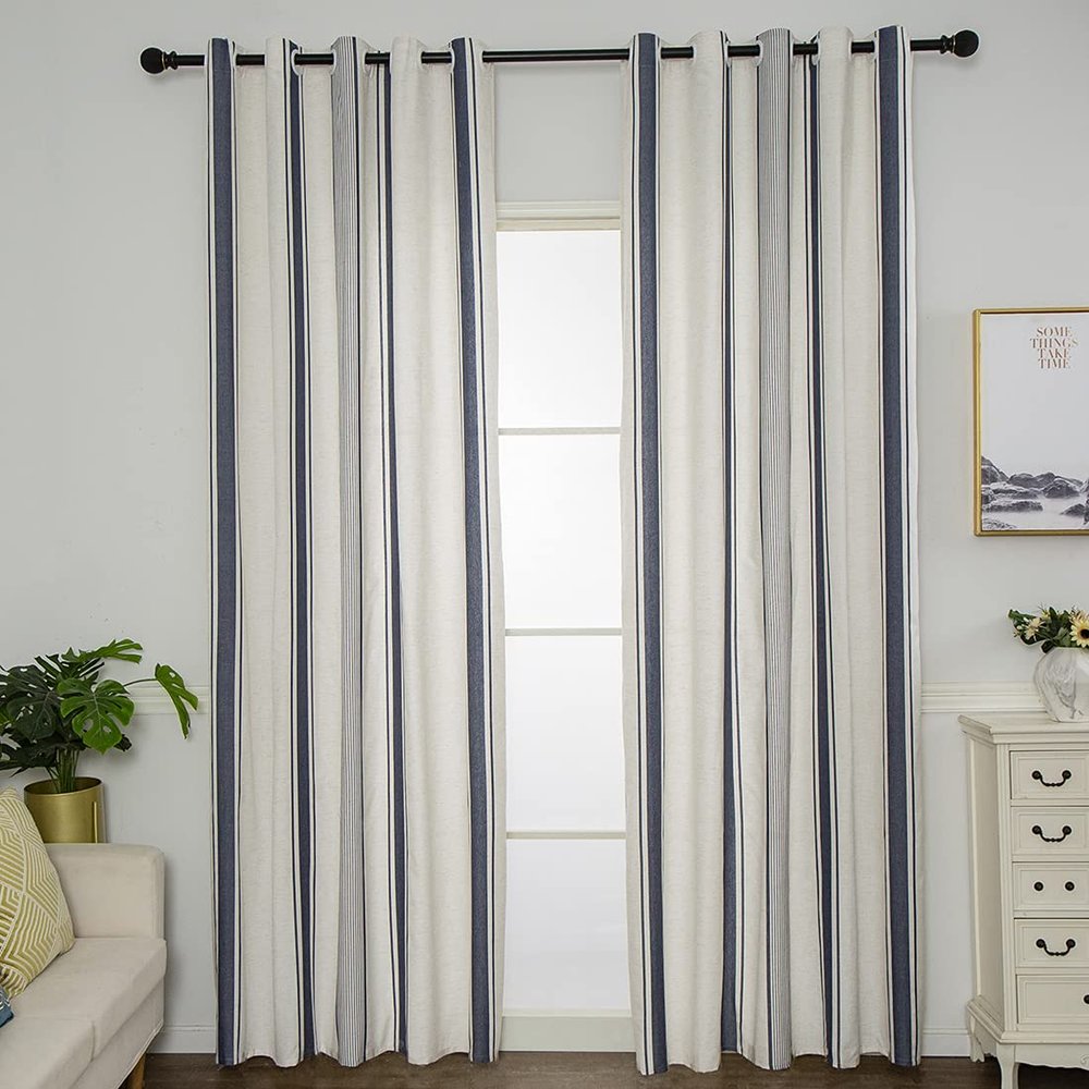 vctops Bohemian Cotton Linen Window Curtain Panel Striped Print Farmhouse Grommet Top Room Darkening Curtain Panel for Bedroom Living Room, 1 Piece (59"x63",Navy)