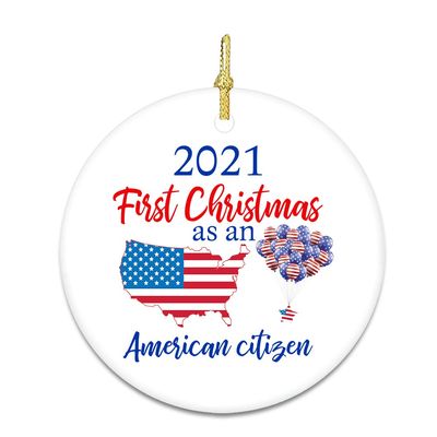 2021 First Christmas As an American Citizen Ornaments Keepsake Circle Porcelain Ceramic Ornament Merry Christmas Tree Ornaments Holiday Flat Decorations Memory Year Gifts for Housewarming Cabin