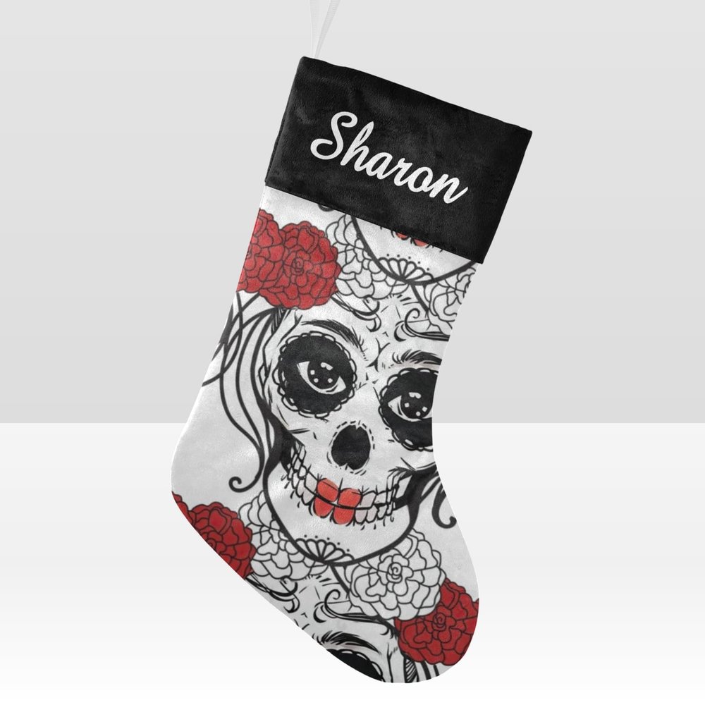 CUXWEOT Personalized Sugar Skull Mexican Lady Christmas Stocking Customize Name Decor for Xmas Tree Fireplace Hanging Party 17.52 x 7.87 Inch
