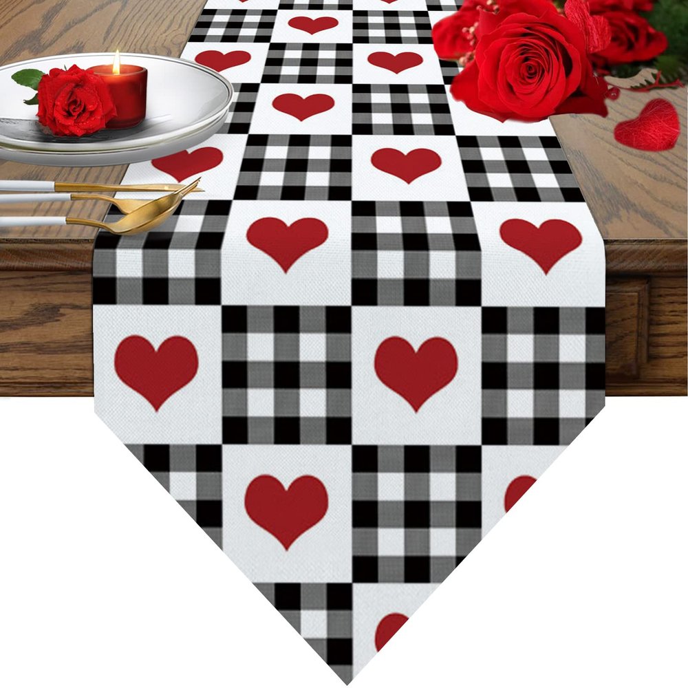 Hokiten Valentine Table Runner - 72 Inches Long, Checkered Love Heart Buffalo Plaid Happy Valentine's Day Tablerunner Scarf Dining Tabletop Dcor for Kitchen/Farmhouse/Holiday, 13 x 72 Inch