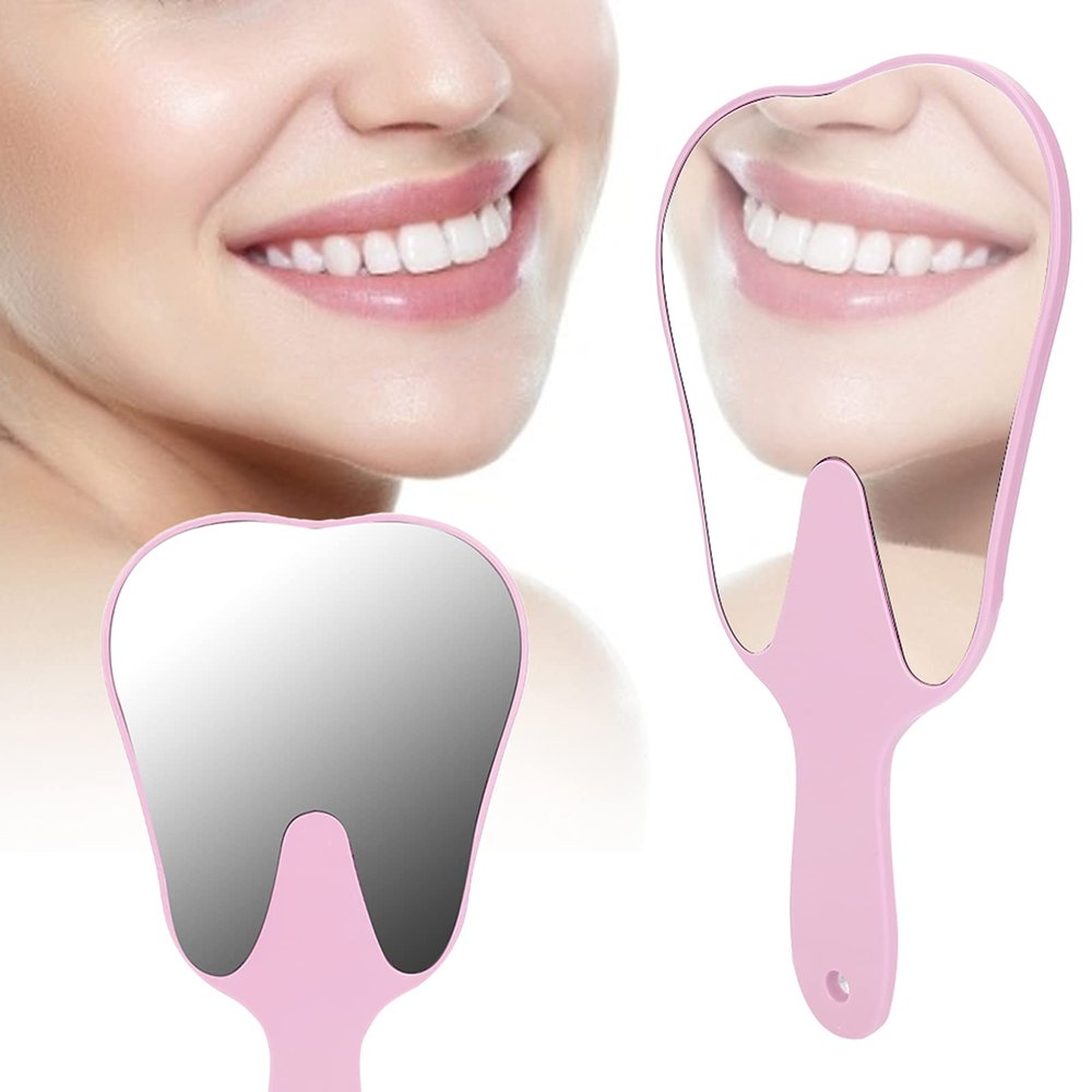 Agatige Tooth Shaped Handheld Mirror, Tooth Shaped Dental Mirror Cute Design Handle Makeup Cosmetic Mirror Portable Dental Accessory with Handle for Women Men (1PCS, Pink)