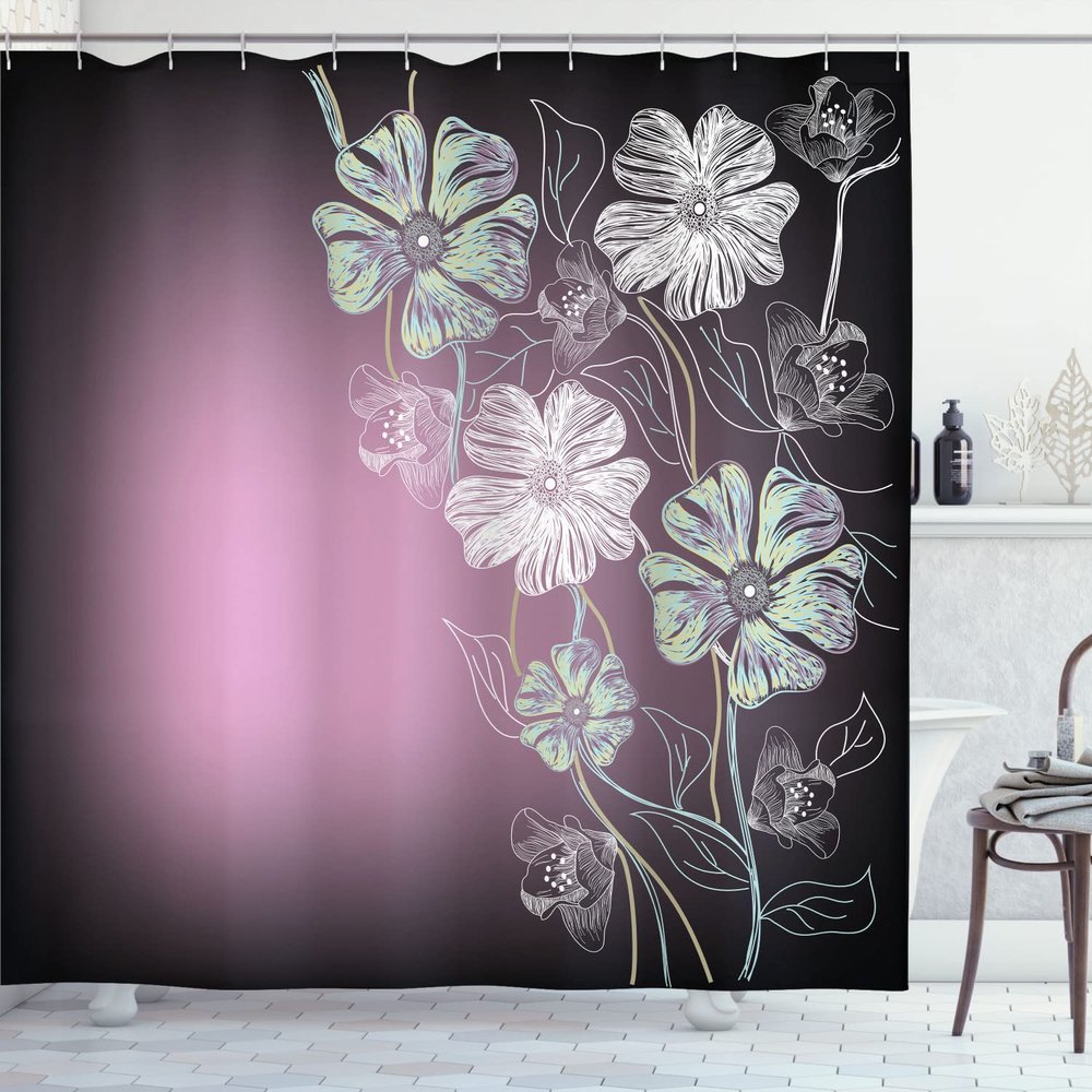 Ambesonne Art Shower Curtain, Hand Drawn Cherry Blossoms Fantasy Bridal Garden Anniversary Theme Spring Season, Cloth Fabric Bathroom Decor Set with Hooks, 84" Long Extra, Pale Olive