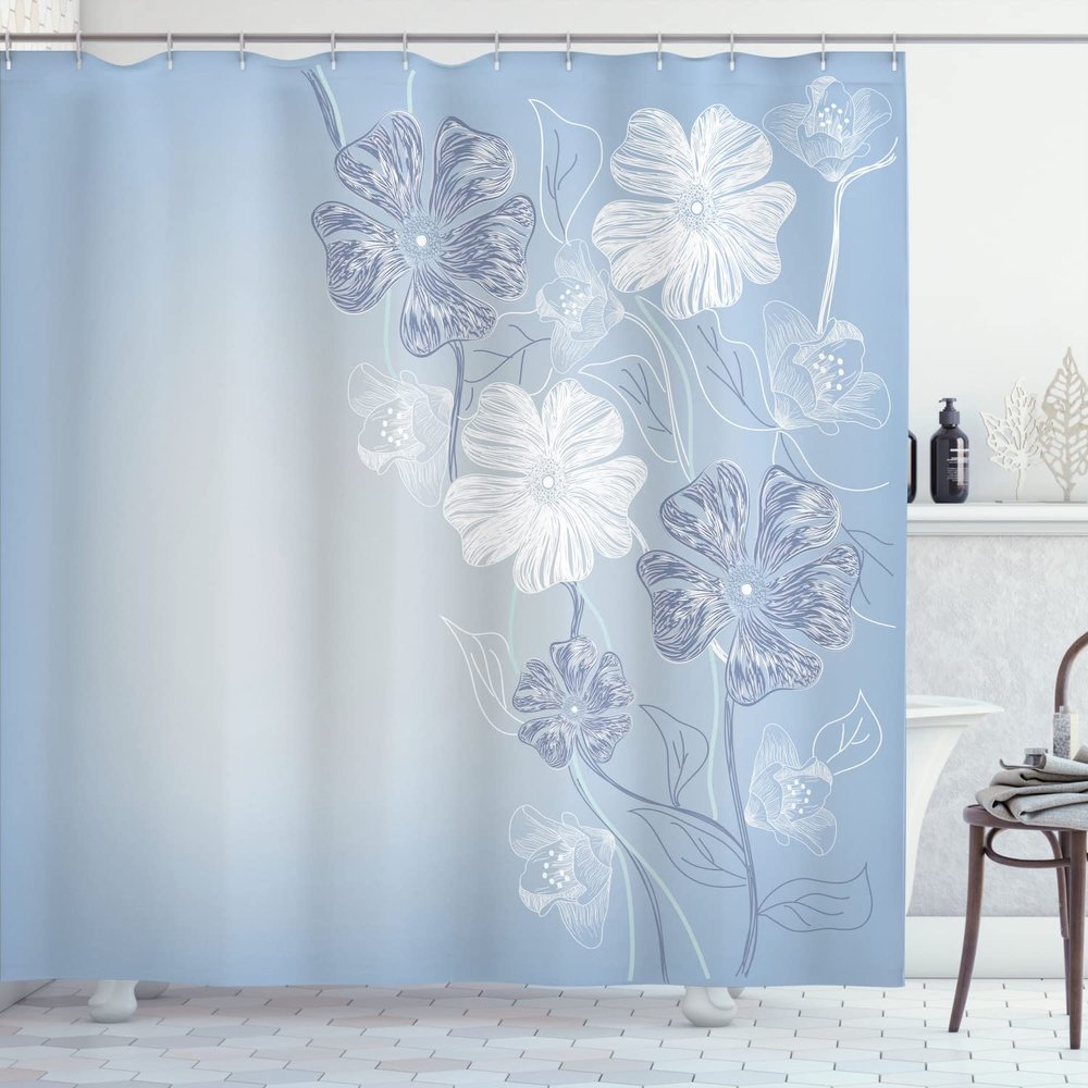 Ambesonne Art Shower Curtain, Hand Drawn Cherry Blossoms Fantasy Bridal Garden Anniversary Theme Spring Season, Cloth Fabric Bathroom Decor Set with Hooks, 84" Long Extra, Pale Azure