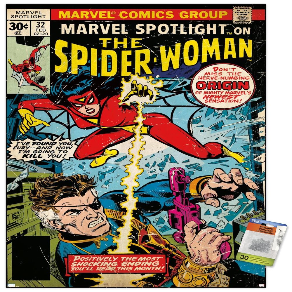 Trends International Marvel Comics Spider-Woman - Spider-Woman #32 Wall Poster, 22.37" x 34.00", Premium Poster & Push Pin Bundle
