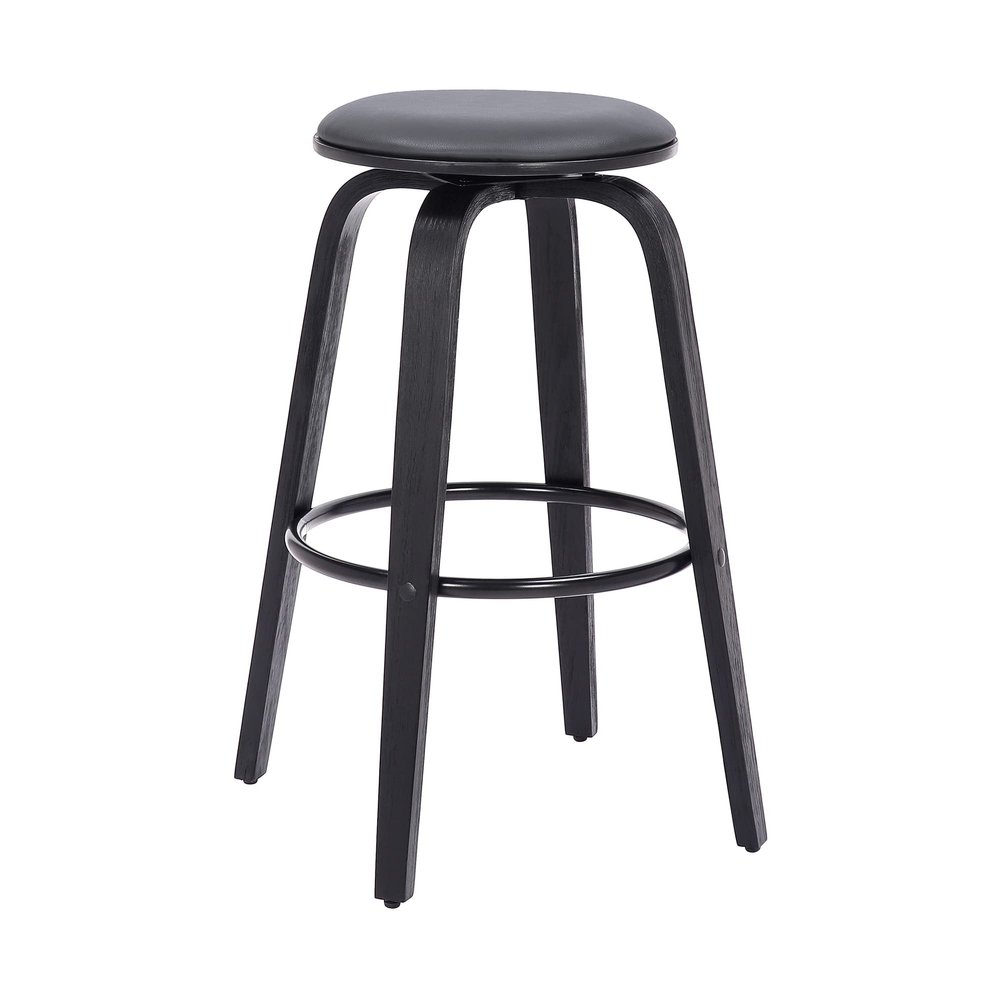Armen Living Harbor Mid Century Modern 26" Seat Height Backless Swivel Gray Faux Leather and Black Wood Bar Stool for Kitchen Island Counter