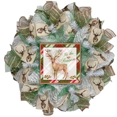 Tis The Season Deer Christmas Wreath Handmade Deco Mesh. Available in 24 inch and 28 inch diameters