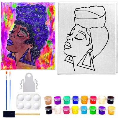 Canvas Painting Kit | Pre Drawn Stretched Cotton Canvas | Afro Queen #6 | Birthday Gift | DIY Adult Sip and Paint Party Favor (11x14 Inches)
