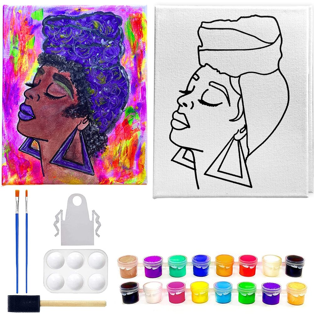 Canvas Painting Kit | Pre Drawn Stretched Cotton Canvas | Afro Queen #6 | Birthday Gift | DIY Adult Sip and Paint Party Favor (11x14 Inches)