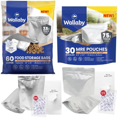 Wallaby MRE Mylar Bag Bundle - 30x (7.5 Mil - 6.5" x 8.5) Stand-Up Zipper Pouches, 30x 400cc Oxygen Absorbers and 60x Wallaby 1-Gallon Gusset Mylar Bag Bundle - (7.5 Mil - 10" x 14")