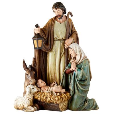 CatholicStore Avalon Gallery Christmas Figurines - Mary Joseph Jesus with Donkey and Lamb Tabletop Centerpiece Nativity Figurine, 14.5-Inch, Lamb of God Statue