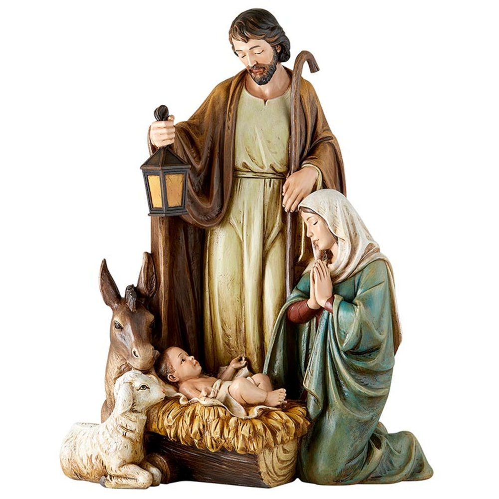 CatholicStore Avalon Gallery Christmas Figurines - Mary Joseph Jesus with Donkey and Lamb Tabletop Centerpiece Nativity Figurine, 14.5-Inch, Lamb of God Statue