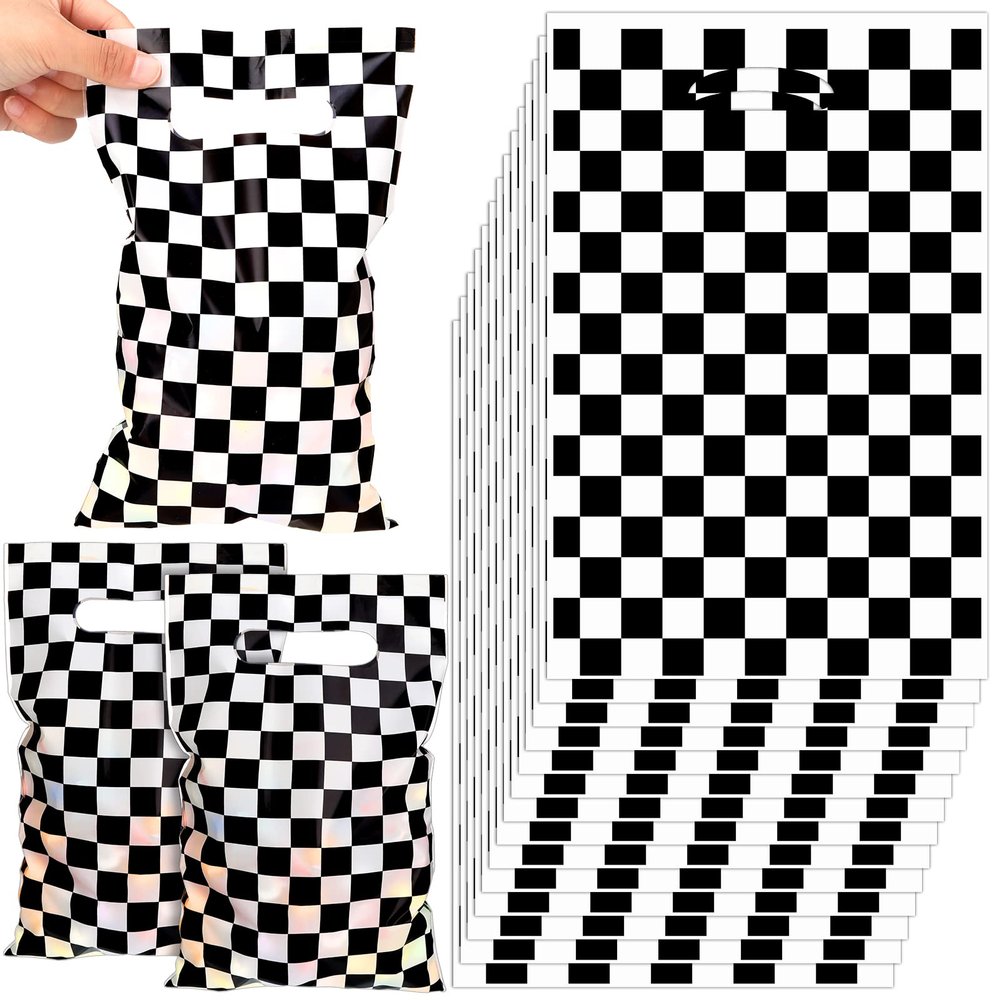 Chinco 50 Pcs Race Car Party Favors Race Car Goodie Bags Black and White Checkered Racing Treat Bags with Handles for Candy Goody Shower Birthday Decor, 6.4 x 10 Inch
