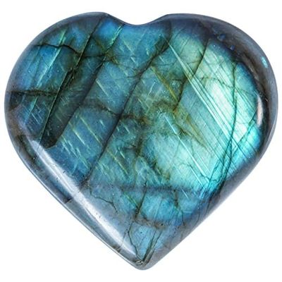 Crocon 50mm Labradorite Heart Stone Big Heart Shape Puff Stones Set 450+ Carats Pocket Crystal Healing Tumble Collection Palm Worry Stone Good Luck Charm Meditation Gift Craft Home Decor