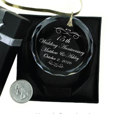10th, 15th, 25th Wedding Anniversary Celebration Elegant Flourish Personalized Keepsake - Circle Crystal Christmas Ornament Any Anniversary Available