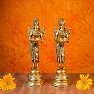 SHIVAJI ARTS Deep Lakshmi Statue Brass Home Temple Oil Wick Diya Pair Indian Handcrafted Gold Color Pack of 2