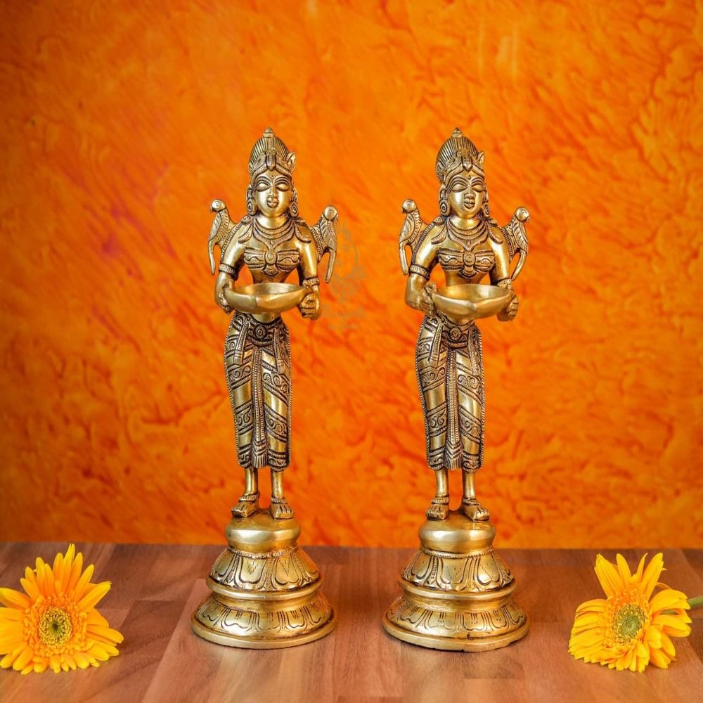 SHIVAJI ARTS Deep Lakshmi Statue Brass Home Temple Oil Wick Diya Pair Indian Handcrafted Gold Color Pack of 2