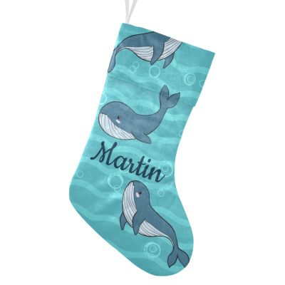 CUXWEOT Personalized Cartoon Whale Ocean Wave Christmas Stocking Customize Name Xmas Socks for Family Holiday Decorations Gift 17.52 x 7.87 Inch