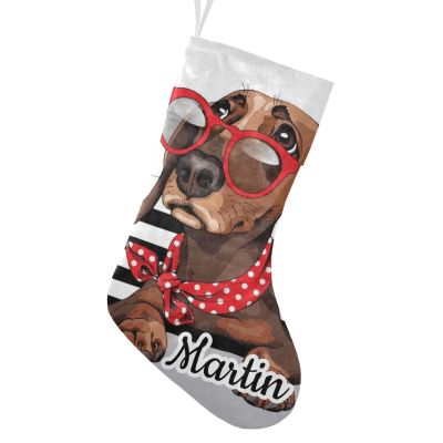 CUXWEOT Personalized Dachshund Dog in a Red Sunglasses Christmas Stockings Customize Name Candy Bag for Family Holiday Party Decorations Gift 17.52 x 7.87 Inch