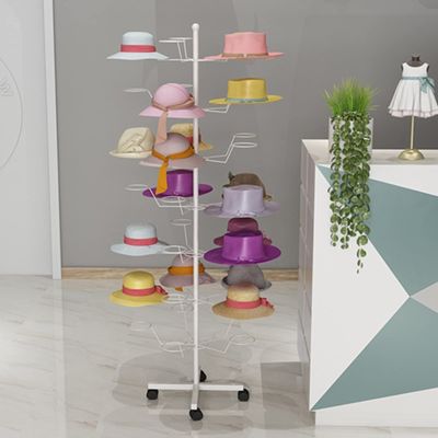 7-Tier Hat Racks Stand Cap Display Stand Metal Rotating Caps Organizer 35 Hats Hanger Adjustable Floor Rack Free Standing Wigs Holder Space Saver (White)