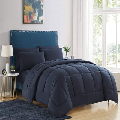 7 PC Bed-in-A-Beg Set Twin/Twin XL-Navy 100% Egyptian Cotton Lightweight Bedding Set Includes 1 Fitted, 1 Flat, 4 Pillow Case with 1 Baffle Box Stitched Comforter Fits Up to 15 Deep Pocket