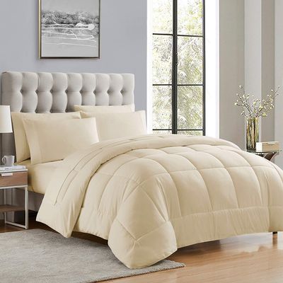 7 PC Bed-in-A-Beg Set Oversized Queen-Beige 100% Egyptian Cotton Lightweight Bedding Set Includes 1 Fitted, 1 Flat, 4 Pillow Case with 1 Baffle Box Stitched Comforter Fits Up to 15 Deep Pocket