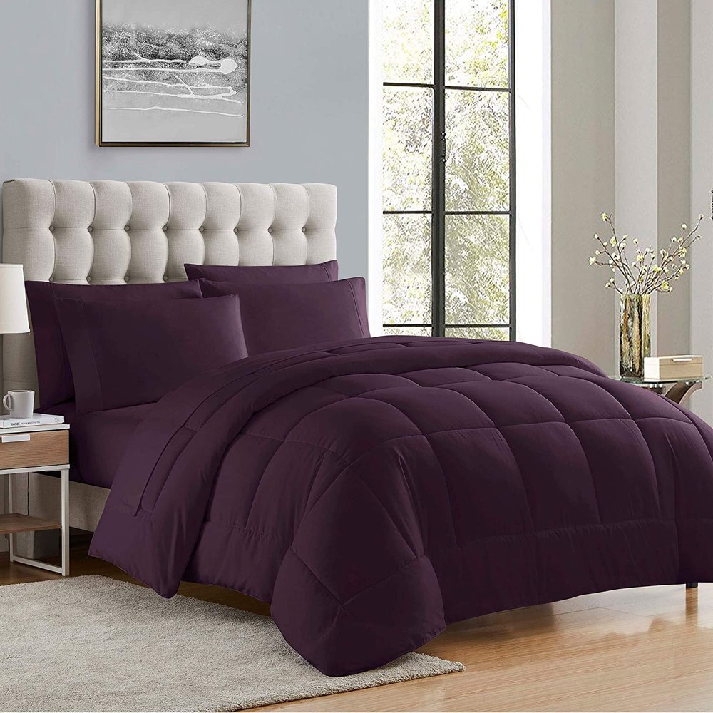 7 PC Bed-in-A-Beg Set Oversized King-Purple 100% Egyptian Cotton Lightweight Bedding Set Includes 1 Fitted, 1 Flat, 4 Pillow Case with 1 Baffle Box Stitched Comforter Fits Up to 15 Deep Pocket