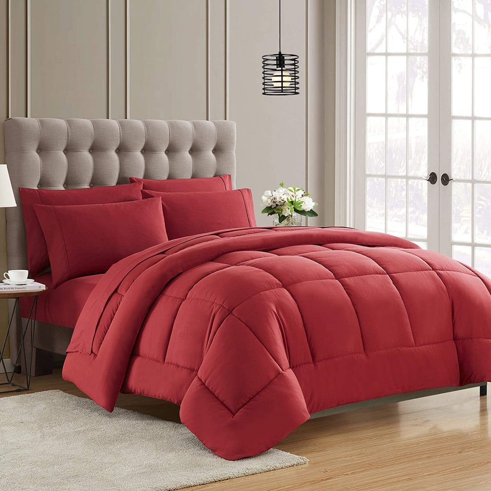 7 PC Bed-in-A-Beg Set Queen/Full-Burgundy 100% Egyptian Cotton Lightweight Bedding Set Includes 1 Fitted, 1 Flat, 4 Pillow Case with 1 Baffle Box Stitched Comforter Fits Up to 15 Deep Pocket