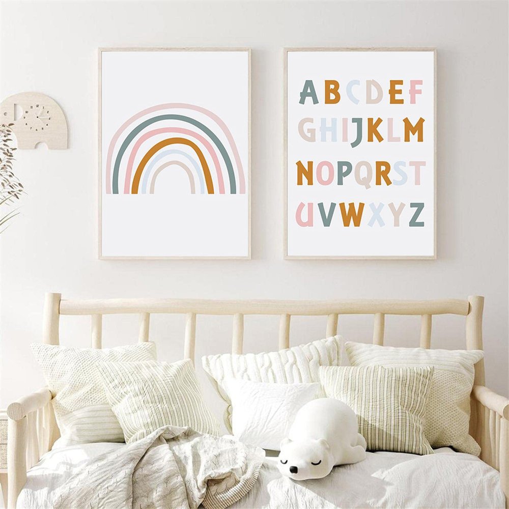 ZXMDP Nios Nursery Wall Art Canvas Print Rainbow Poster ABC Alphabet Canvas Print Pictures Nordic Baby Kids Room Decoracin 50x70cmx2 Sin marco