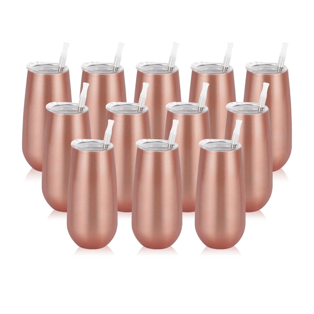 12 Pack Stemless Insulated Flute Tumblers, 6 Oz Unbreakable Rose Gold Champagne Glasses for Friends, Birthday, Christmas, Wedding