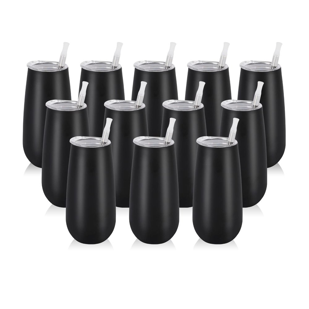 12 Pack Stemless Insulated Flute Glasses, 6 Oz Unbreakable Champagne Tumblers for Friends, Birthday, Christmas, Wedding (Black)