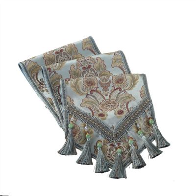 Table Runner RENRUIRUI- Luxury Jacquard Floral Embroidery Fabric with Multi-Tassels for Dining Room Dresser Wedding Party Decorations (Color : Blue, Size : 33246cm)