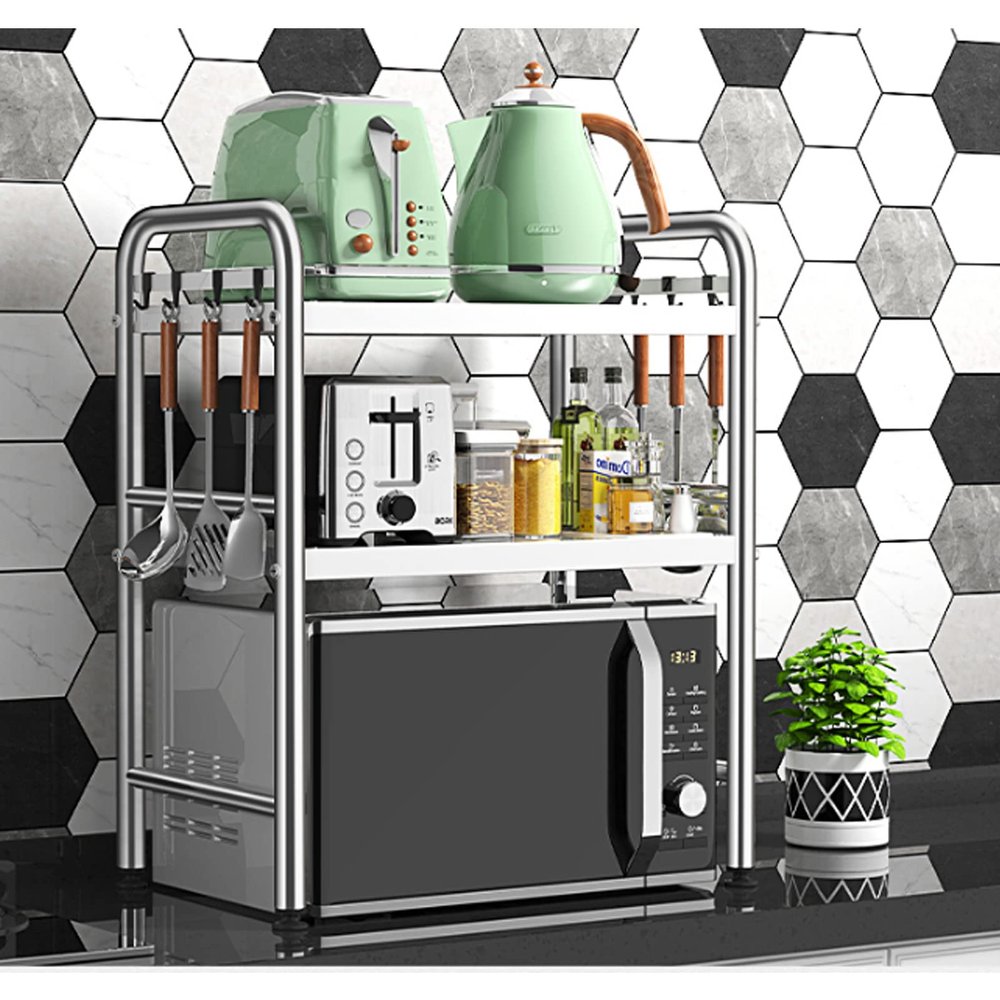 2 Layer Microwave Oven Rack, 304 Stainless Steel Kitchen Baker's Utility Shelf Counter Toaster Storage Stand Horizontal Office Printer Work Station Racks