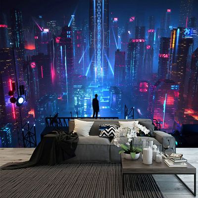 Aidatain Modern Night City Tapestry Extra large 108" 90" Futuristic Neon City Landscape Sci-fi Game Scene Aesthetics Wall Hanging Art Flannel Tapestries for Bedroom Living Room GTWHAT1241