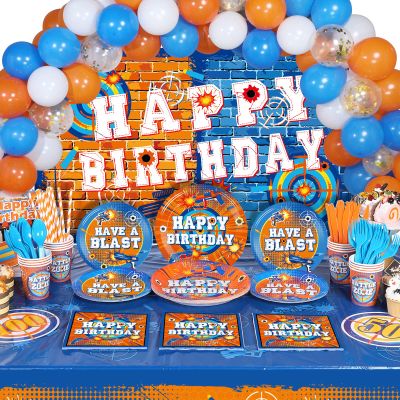 Chengu Dart Battle Birthday Party Decorations Supplies Include Gun Theme Backdrop,dart Tablecloth Balloons Kit Cups Plates Napkins Tableware Set for Kids Birthday Party Favor