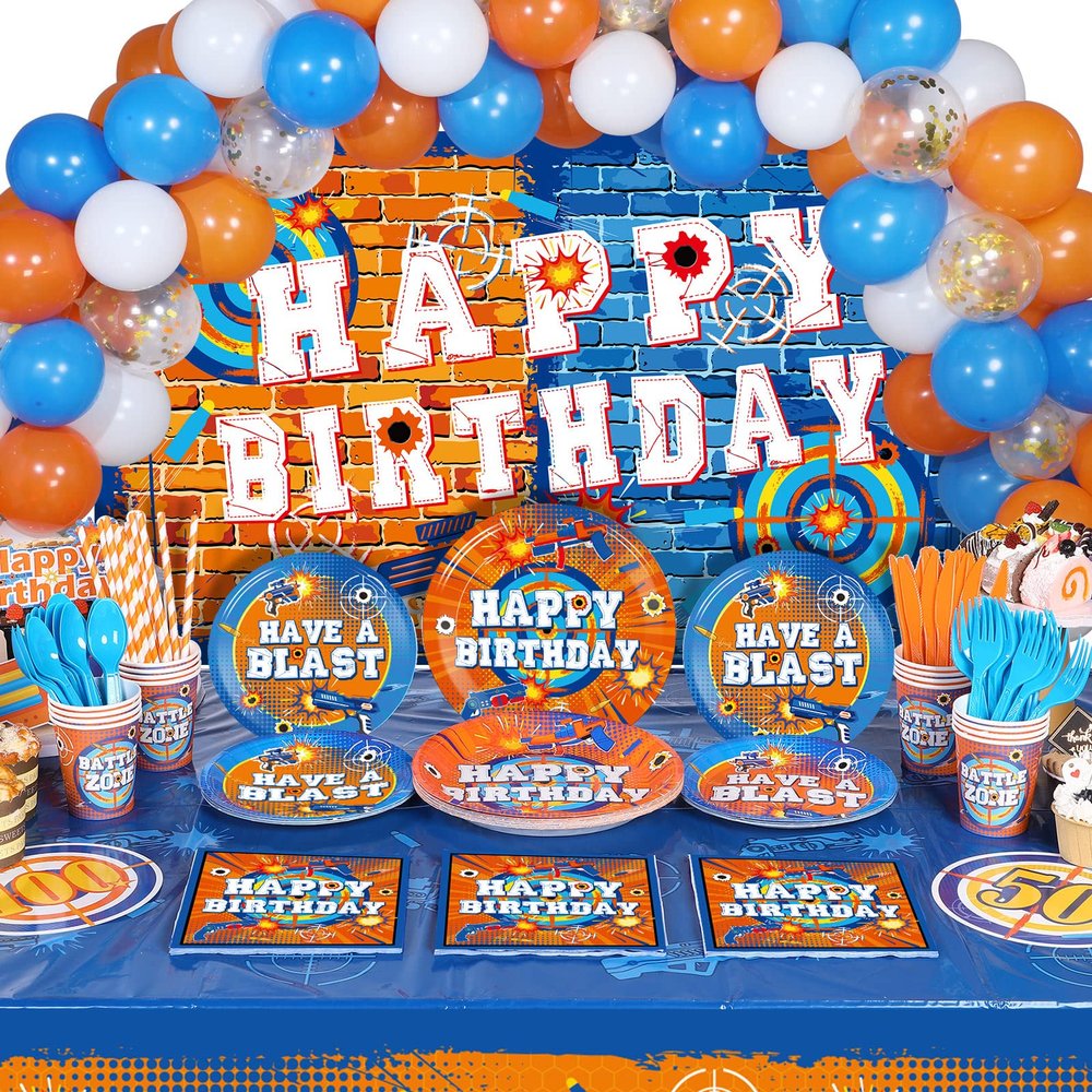 Chengu Dart Battle Birthday Party Decorations Supplies Include Gun Theme Backdrop,dart Tablecloth Balloons Kit Cups Plates Napkins Tableware Set for Kids Birthday Party Favor