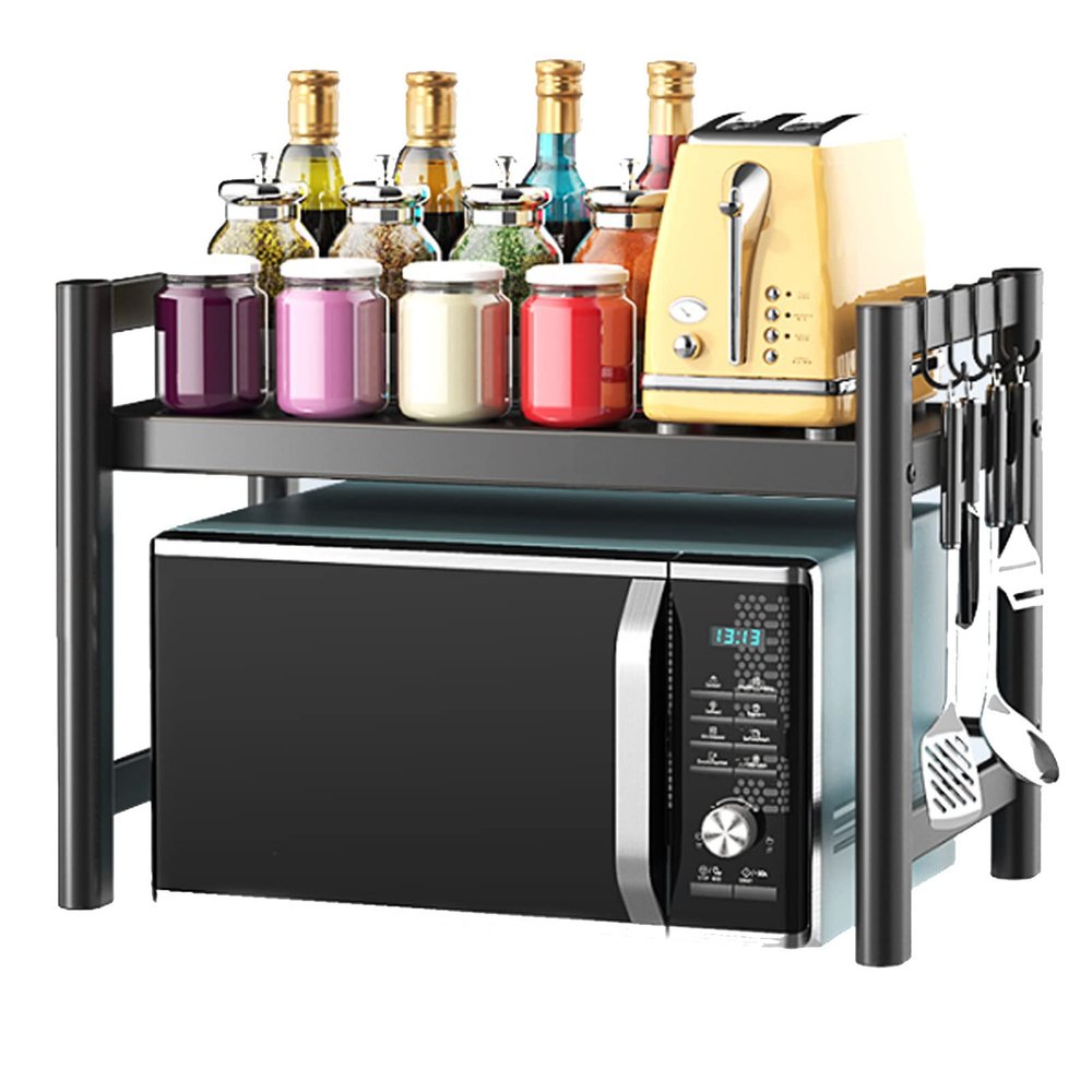 CGF- Microwave Oven Rack, Kitchen Shelf Counter Toaster Storage Stand Hight Adjustable Office Printer Work Station Racks with 6 Hooks