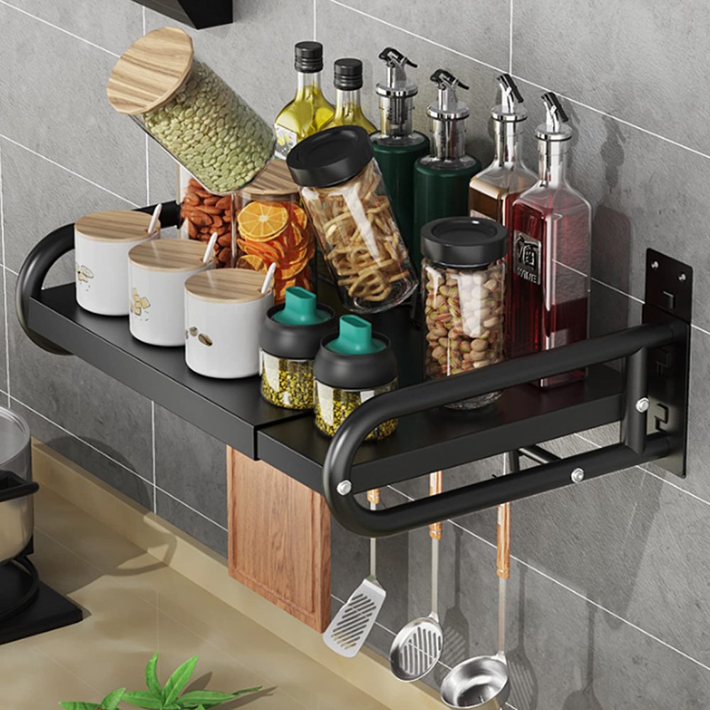 CGF- Expandable Wall Mounted Microwave Oven Rack Kitchen Countertop Storage Rack Utensils Tableware Storage Counter Oven/Toaster Bracket with 6 Hooks