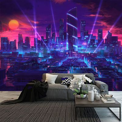 Aidatain Punk Cityscape Tapestry - Large Size 108x90In Purple Blue Neon Street Scene Game Scene Japanese Anime Fantasy Landscape Flannel Tapestry for Bedroom & Living Room
